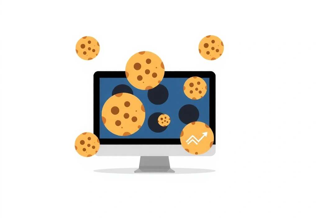 Múltiples iconos de cookies flotando alrededor de un monitor de ordenador, representando diferentes tipos de cookies