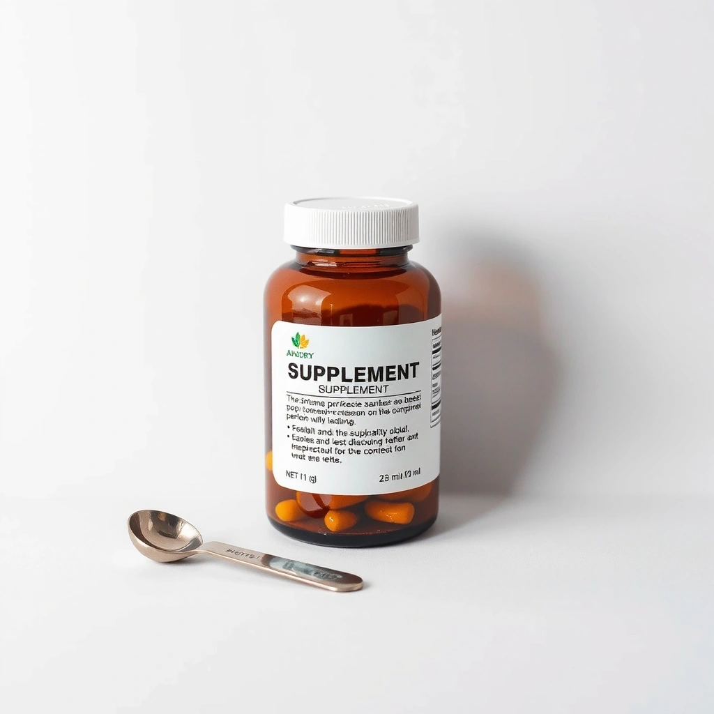 Botella de suplemento con etiqueta clara y cuchara medidora, sobre un fondo neutro.