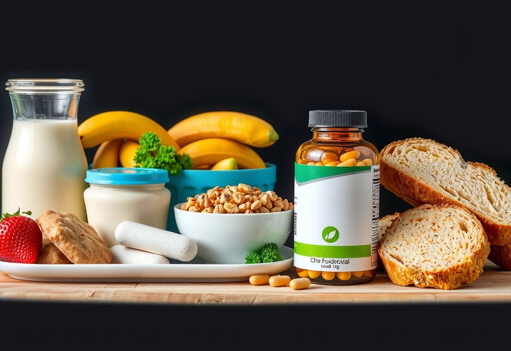 A vibrant image showcasing a variety of fortified foods (e.g., fortified milk, cereals, bread) alongside a carefully chosen dietary supplement, emphasizing their complementary roles.