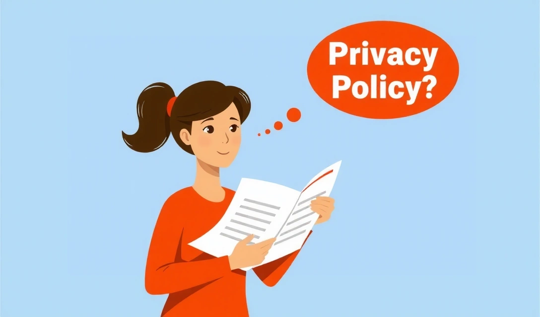 Ilustración de una persona leyendo un documento grande con un signo de interrogación al lado, representando dudas sobre la política de privacidad.