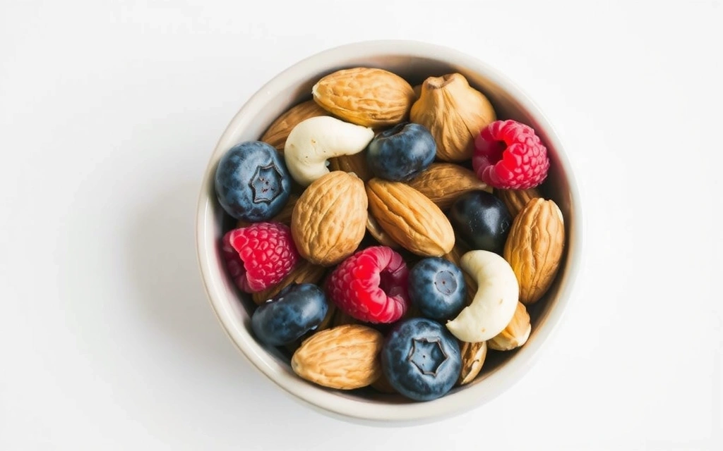 Un pequeño tazón de frutos secos mixtos y bayas frescas.