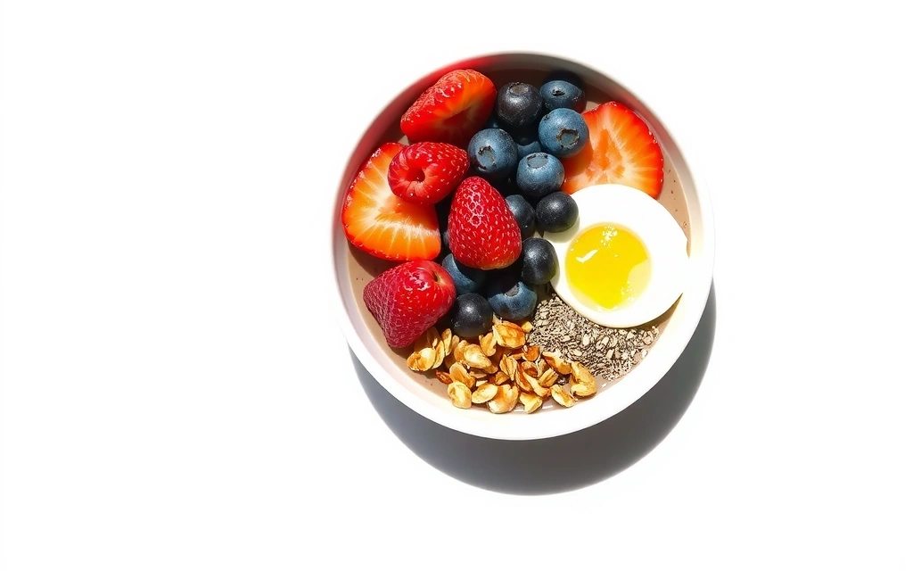 Un tazón de smoothie de frutas colorful con granola y bayas.