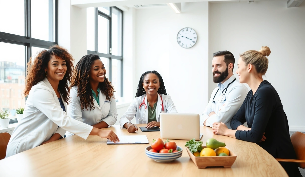 Diverse group of health professionals collaborating in a modern, bright office