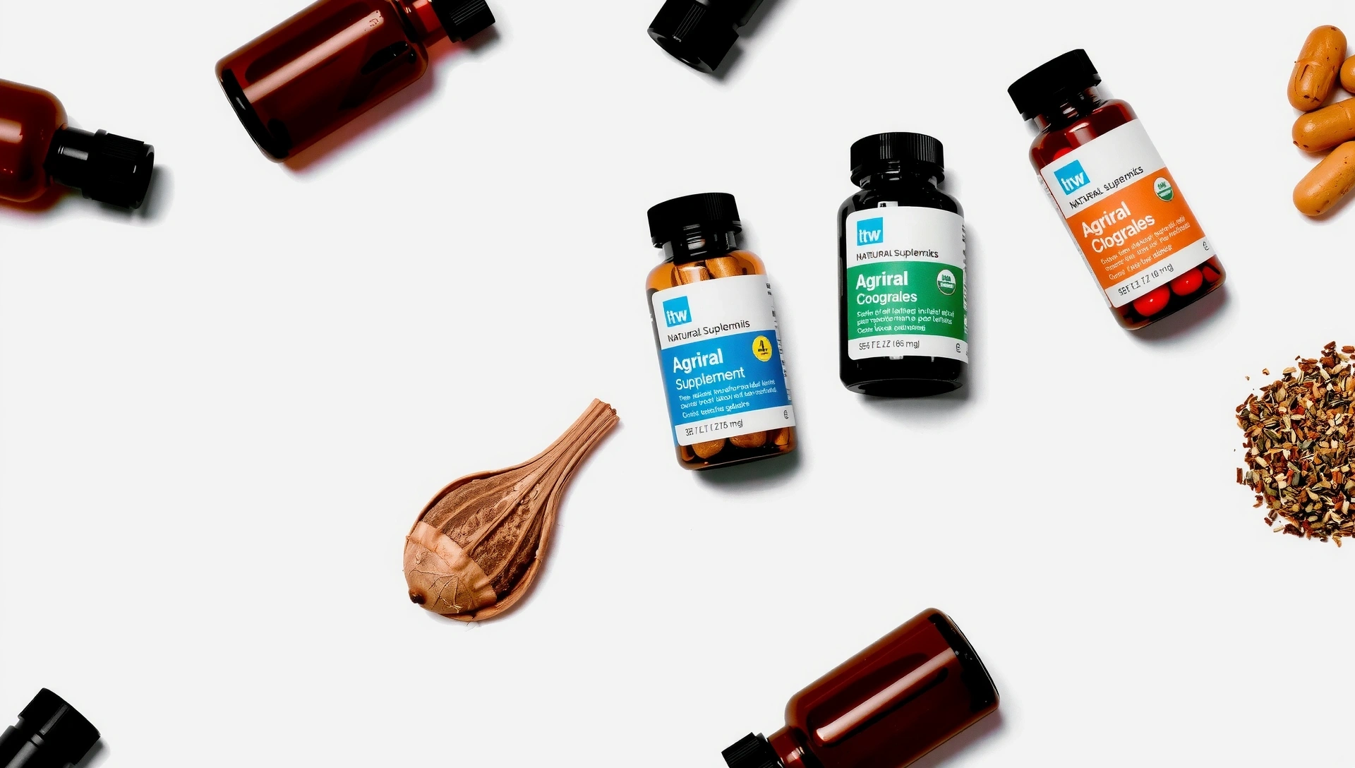 Frascos de suplementos naturales y hierbas medicinales sobre un fondo limpio y minimalista