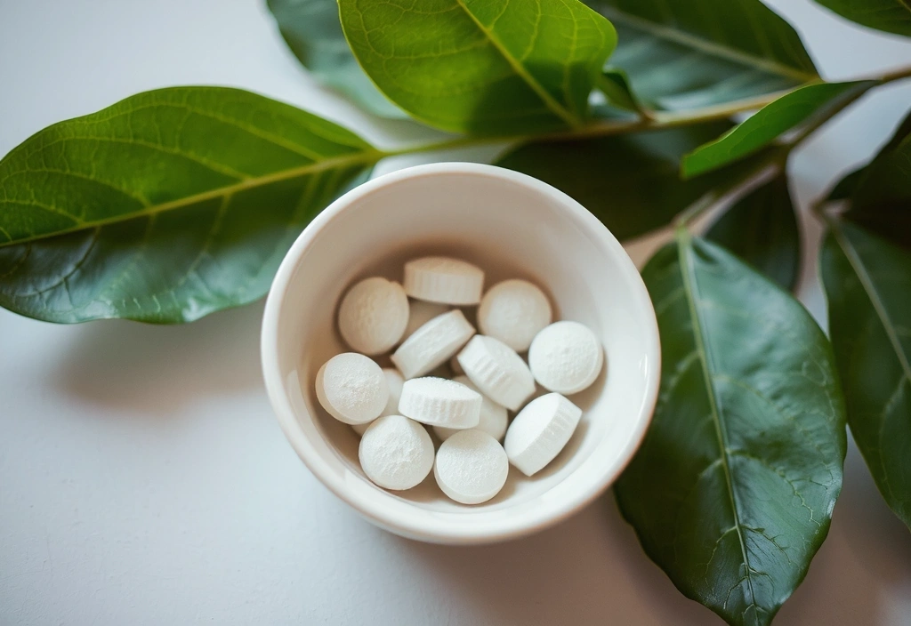 Suplementos de magnesio en un recipiente con hojas verdes