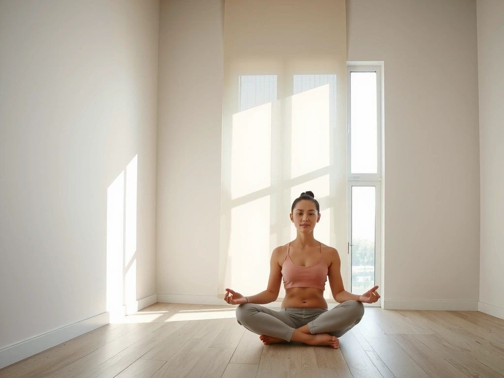Mujer meditando en posición de loto, con una atmósfera serena y colores suaves, representando la calma y la relajación.
