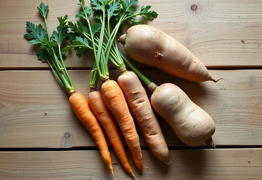 Zanahorias y batatas frescas, con un enfoque en sus texturas naturales.